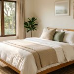 Sunlit modern California bed featuring an organic buckwheat pillow.