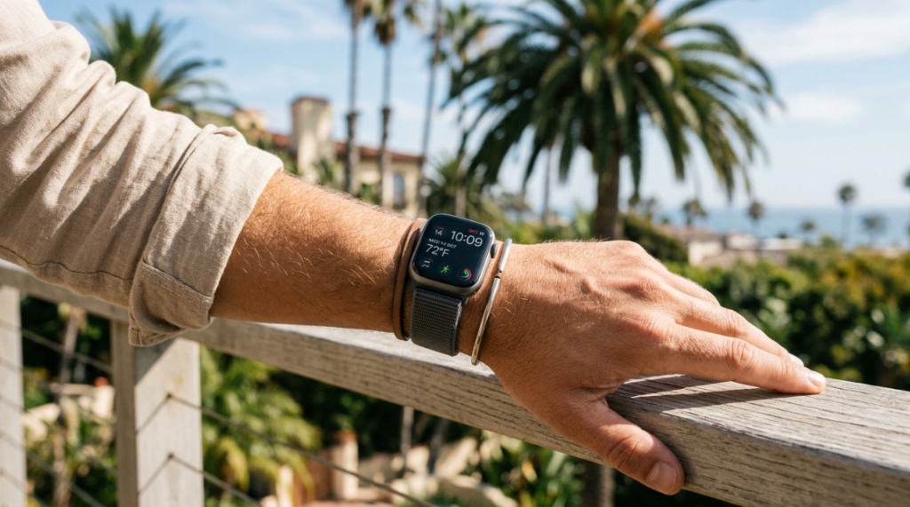Person wearing a luxury smartwatch at a sunny outdoor cafe