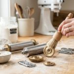 Person gently wiping flour off a disassembled KitchenAid pasta roller attachment.