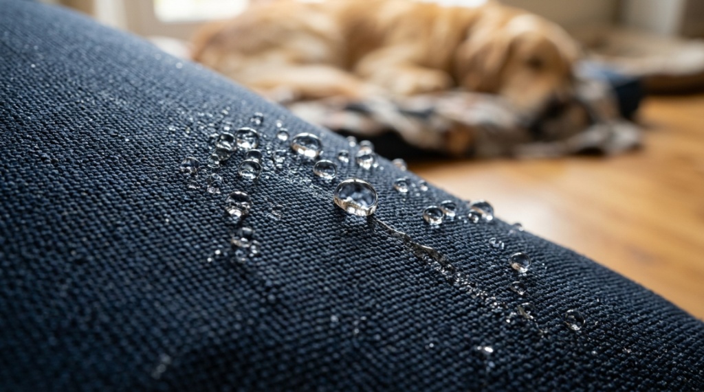 Close-up of water beading up on a spill-proof dog bed fabric cover.