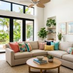 A modern Florida living room sofa styled with colorful affordable throw pillows.