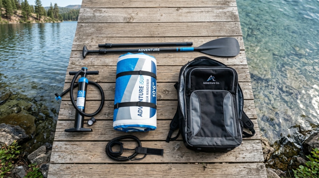 Inflatable paddleboard equipment laid out neatly on a wooden dock.