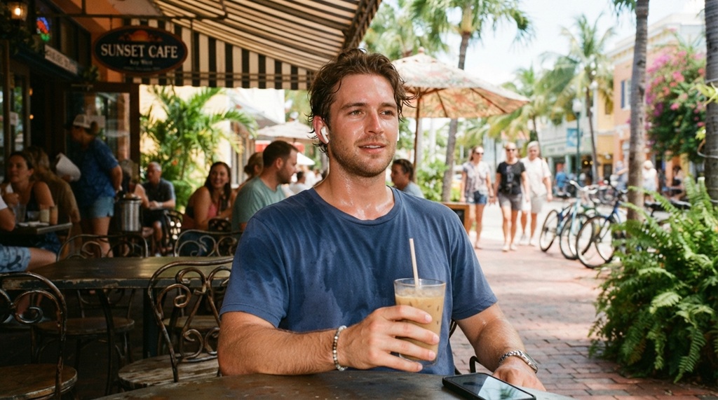 A man sitting outdoors wearing wireless earbuds in hot weather.