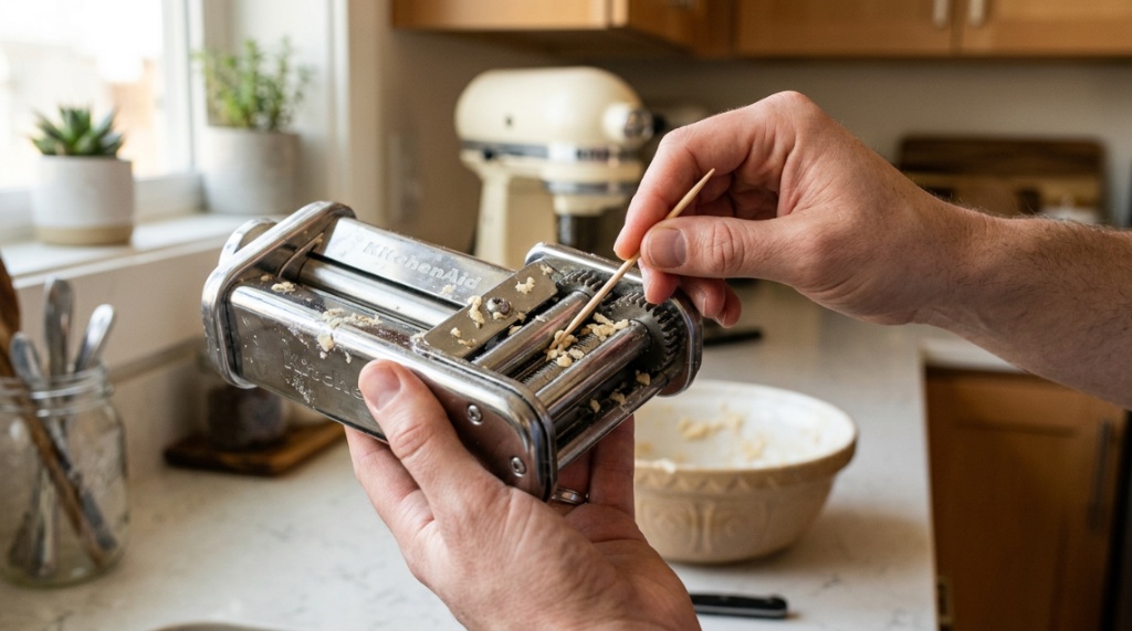 Using a wooden toothpick to remove dried dough from metal pasta maker gears.