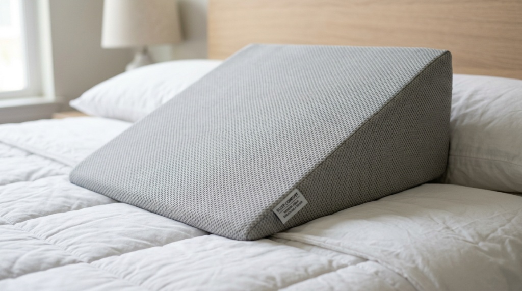 Close-up of an ergonomic memory foam wedge pillow on a bed.