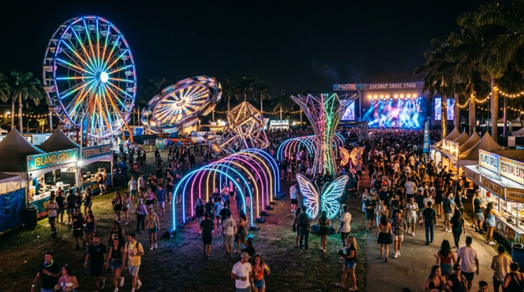Carnival rides and art installations lit up at night during a Florida music festival