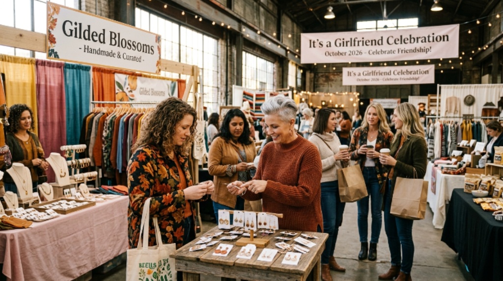 Women browsing vendor marketplace at It's a Girlfriend Celebration event in October 2026