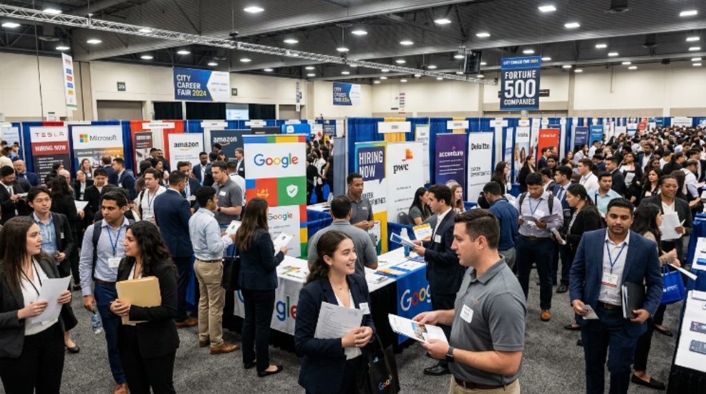 A busy career fair floor with professional attendees speaking to company representatives at booths