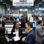 Job seekers in business attire networking with employers at the NABLF Career Fair NYC 2026