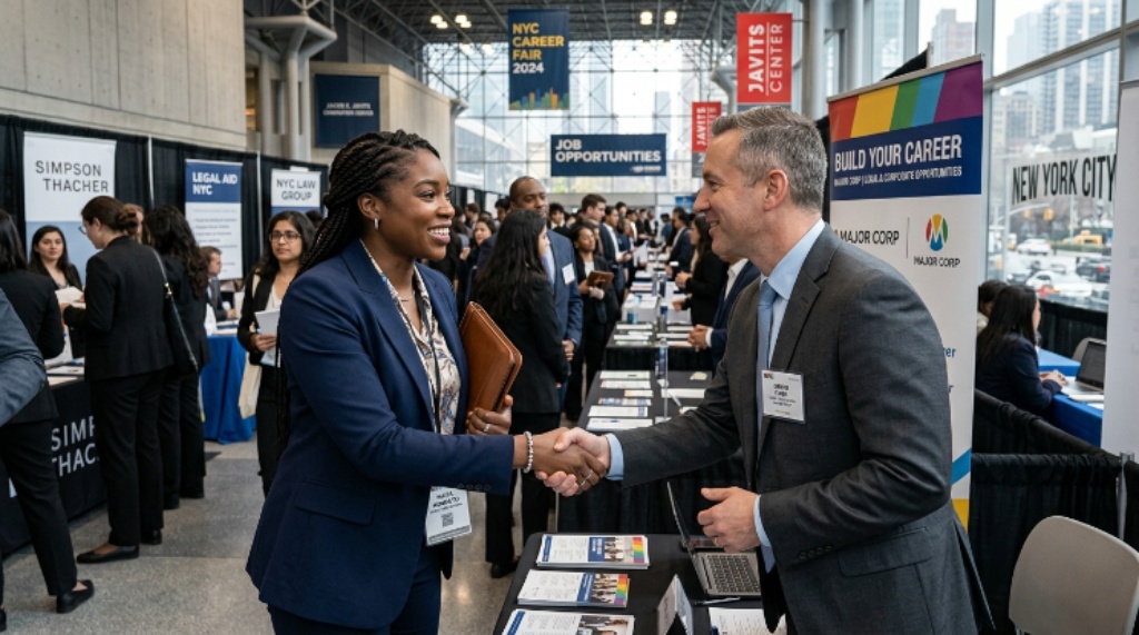 A Black legal professional shaking hands with a recruiter at a career fair event in New York City