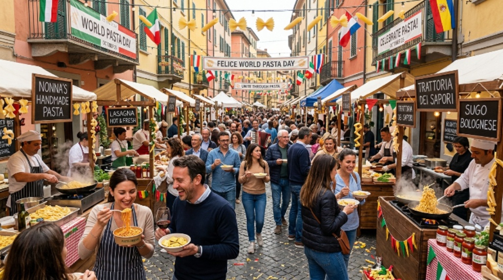 A colorful pasta festival street market with vendors and visitors celebrating World Pasta Day