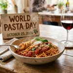 A steaming bowl of spaghetti with tomato sauce on a rustic wooden table for World Pasta Day 2026