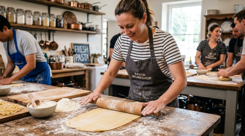 Fresh homemade pasta dough being rolled out on a floured surface during a cooking workshop