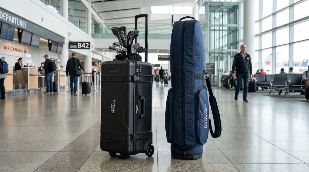 A traveler pulling a wheeled golf travel bag through an airport terminal.