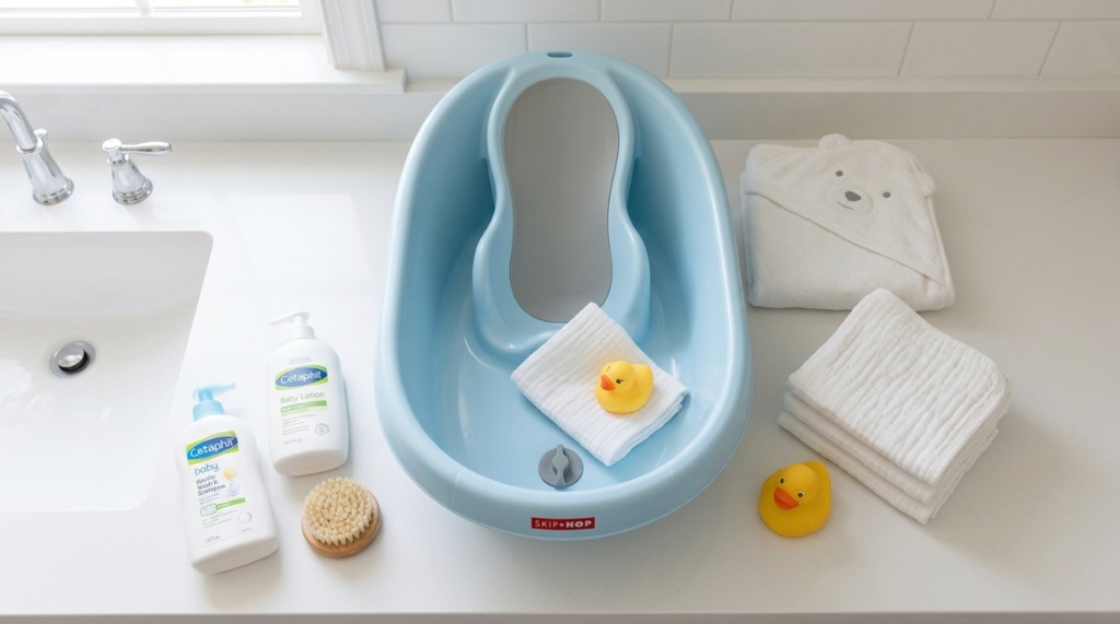 Compact plastic baby bathtub arranged with soft washcloths and baby shampoo.