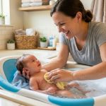 Mother bathing a smiling newborn in an ergonomic baby tub.
