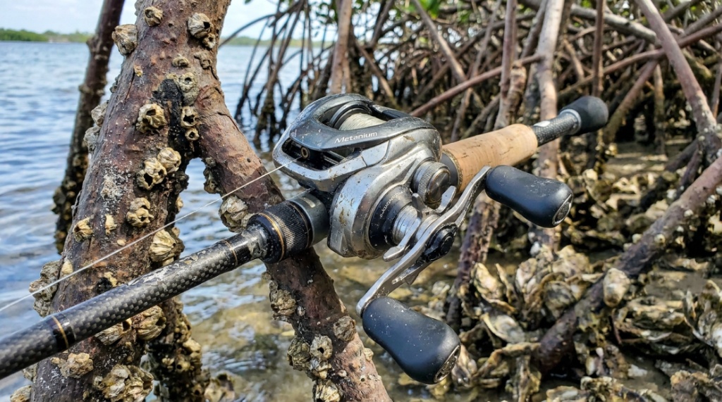 Baitcasting reel mounted on a fishing rod near Florida mangroves.