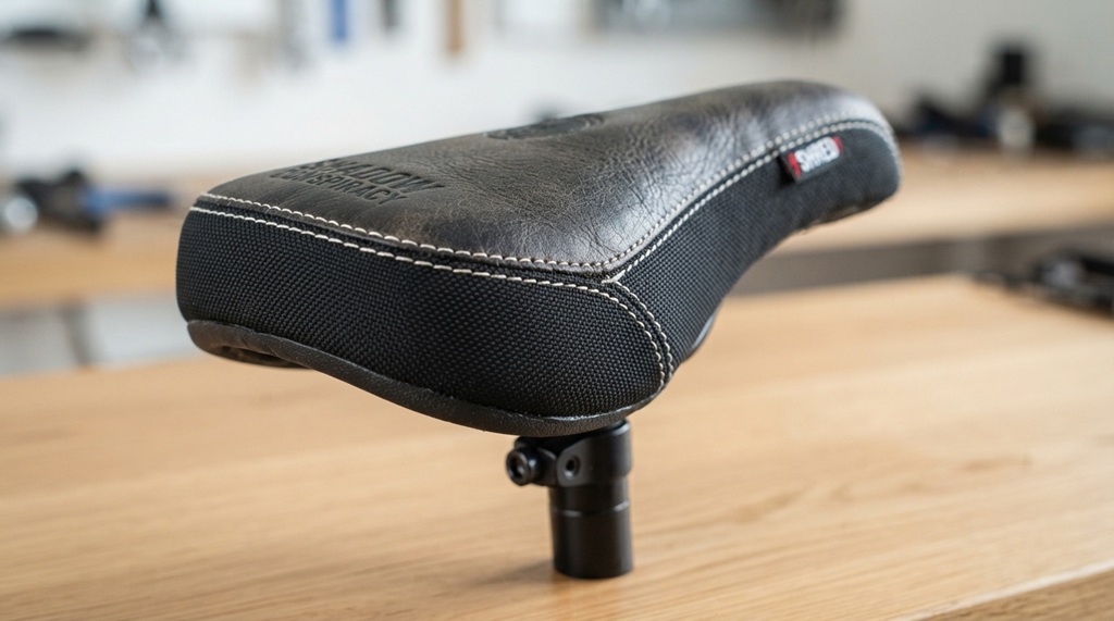 Close up view of heavy duty leather BMX seat stitching.