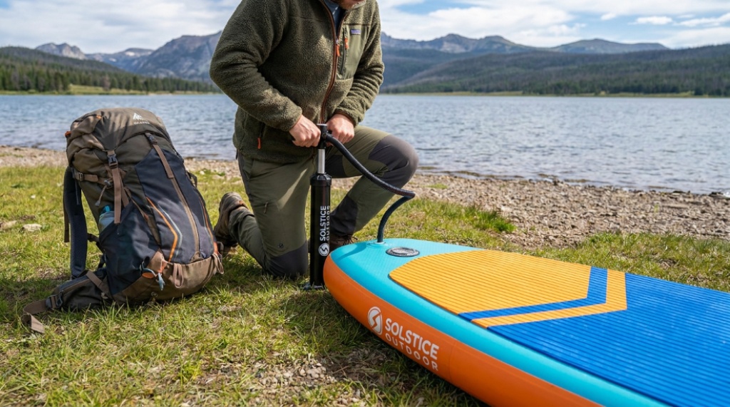 Person using a hand pump to inflate a paddle board outdoors.