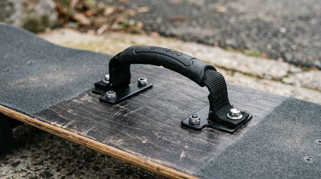 Close-up of a sturdy black carrying handle mounted on a skateboard deck.