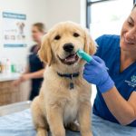 Close-up of a happy golden retriever puppy receiving a gentle teeth cleaning.