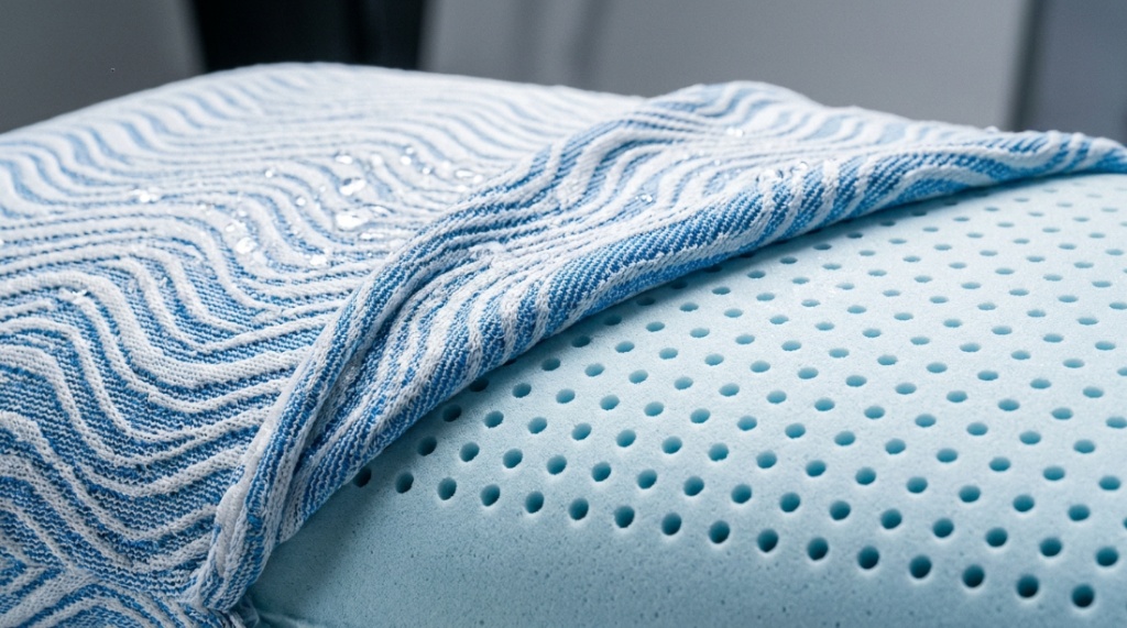 Close-up of breathable memory foam texture inside an open pillowcase