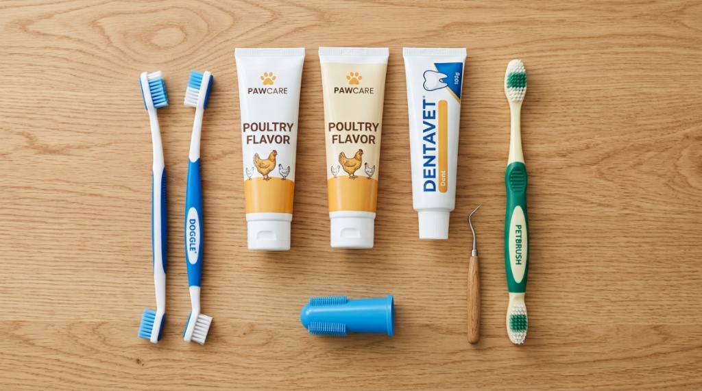 Various dog-safe toothpaste tubes and toothbrushes arranged on a clean wooden table.