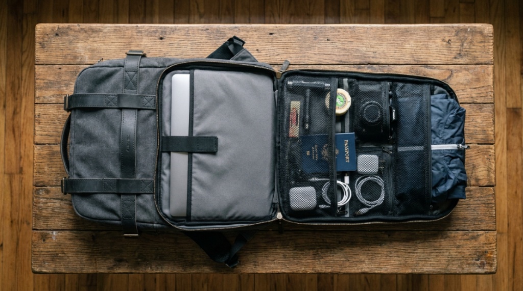 Open travel backpack showing internal compartments and external board straps.