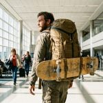 Traveler walking through airport terminal with skateboard strapped to backpack.
