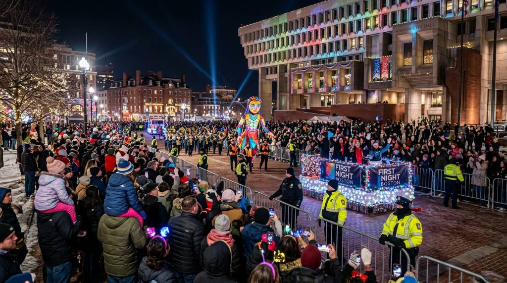 Crowds watching the First Night Boston parade along City Hall Plaza on December 31