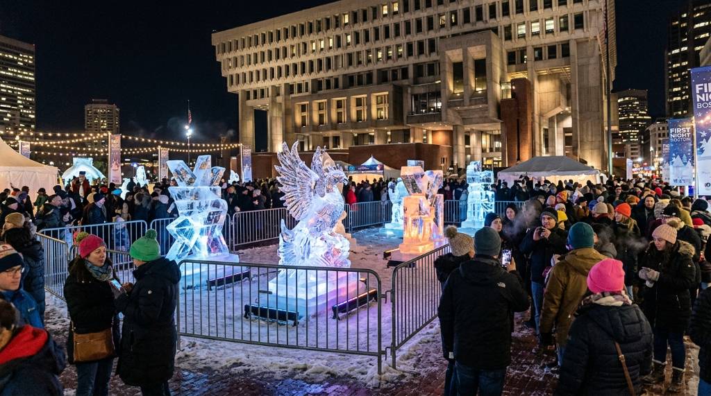 Ice sculptures on display at City Hall Plaza during First Night Boston winter festival