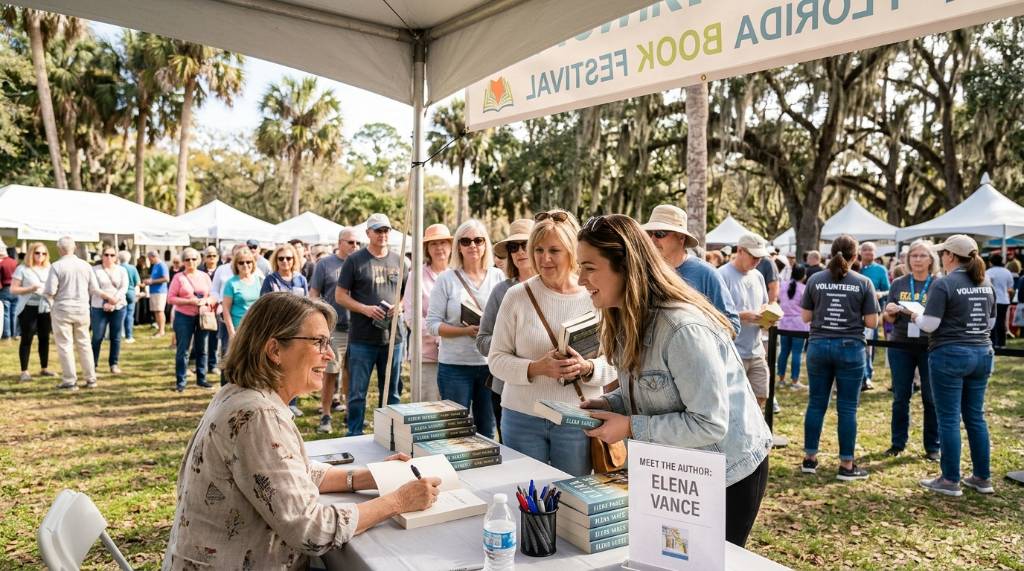 An author signing books for fans at an outdoor literary festival in Florida on a sunny January day