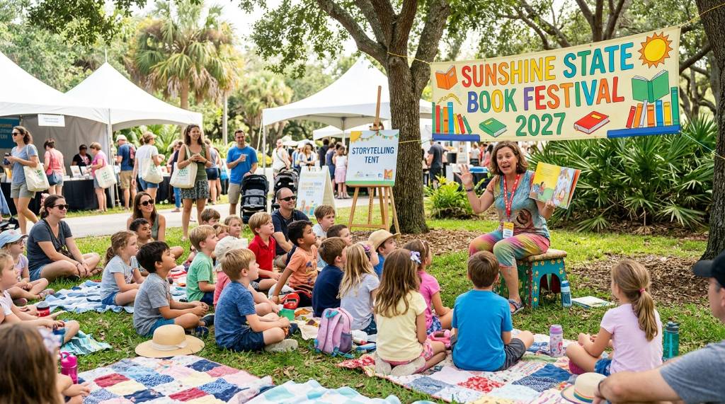 Children sitting on the grass listening to a storyteller at the Sunshine State Book Festival 2027