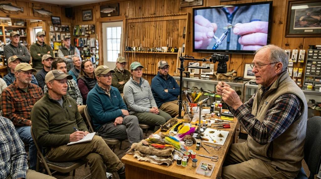 Expert fly tyer showing a trout fly pattern to a small seminar audience