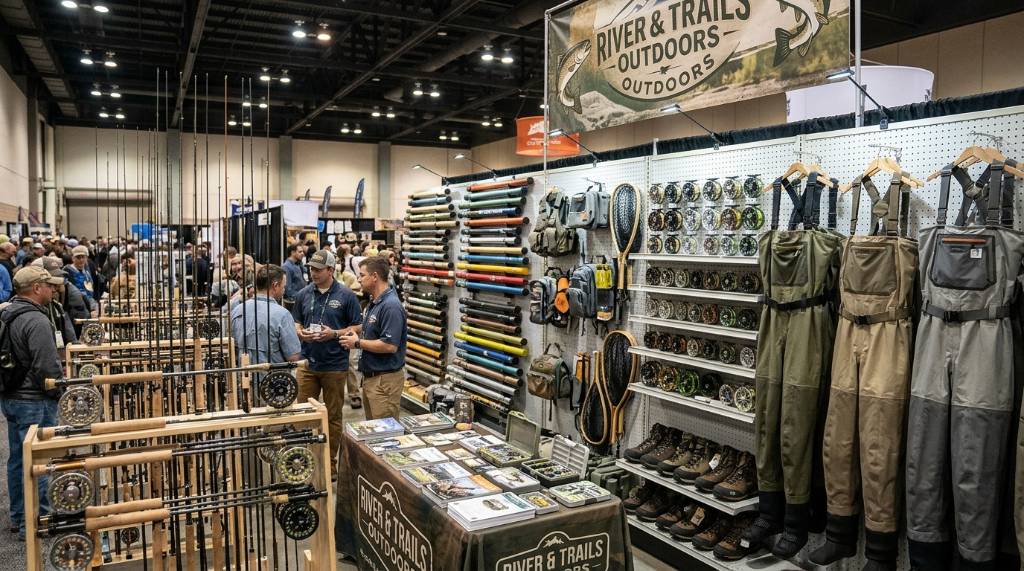 Rows of fly rods, reels and waders displayed at an outdoor gear exhibitor booth